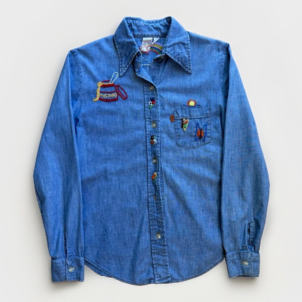 Vintage Levis Chambray Shirt Women's Small 70s Hand Embroidered Orange Tab USA